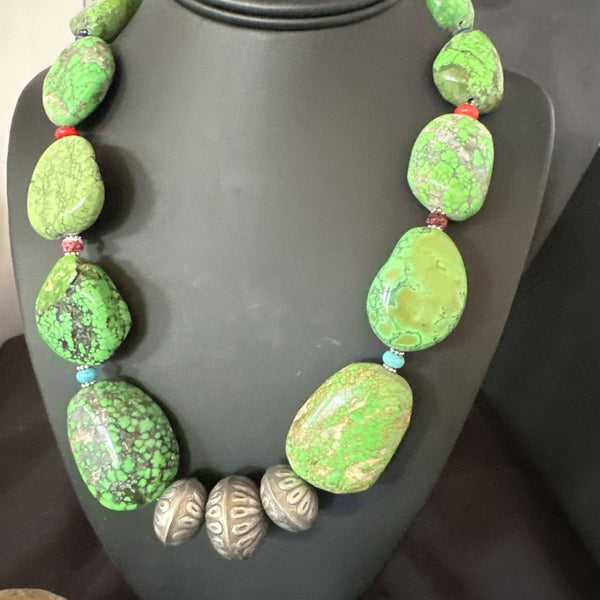 Green Turquoise Chunky Multicolor Southwest Necklace 21" | Sterling Silver | Authentic Native American Handmade | 19251