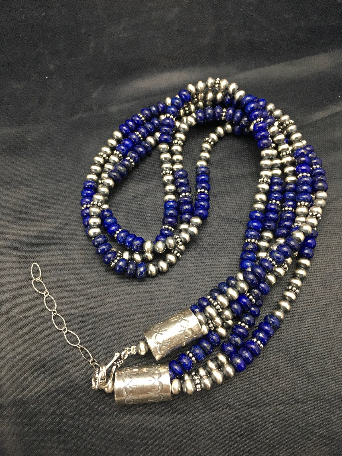 Blue Lapis Lazuli 3 Strands Navajo Sterling Silver Beads Necklace 02926