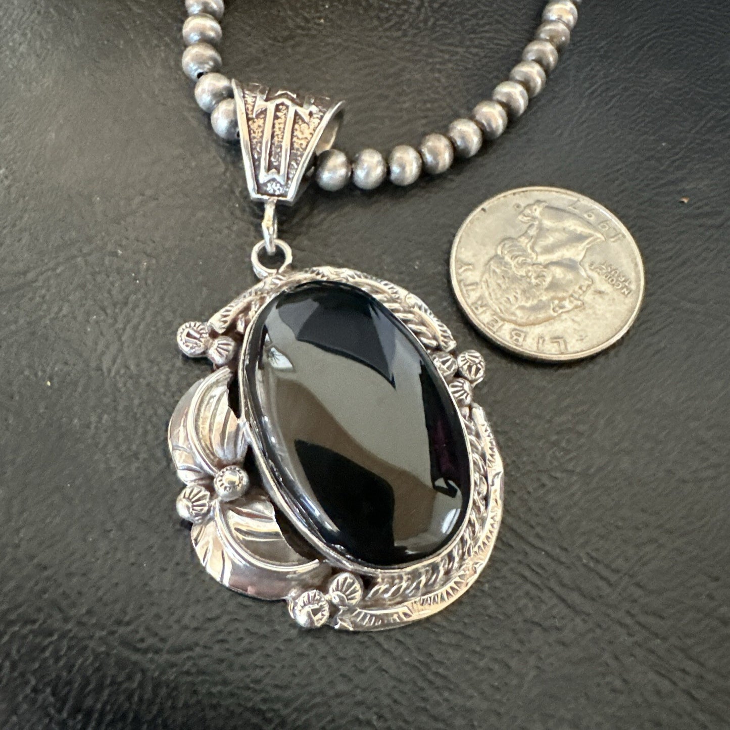 Mens Womens Black Onyx Pendant Navajo Sterling Silver Beads Necklace 18297