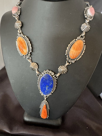 Multicolor Spiny Lapis Pendant Navajo Sterling Silver Lariat Necklace 28" 19438