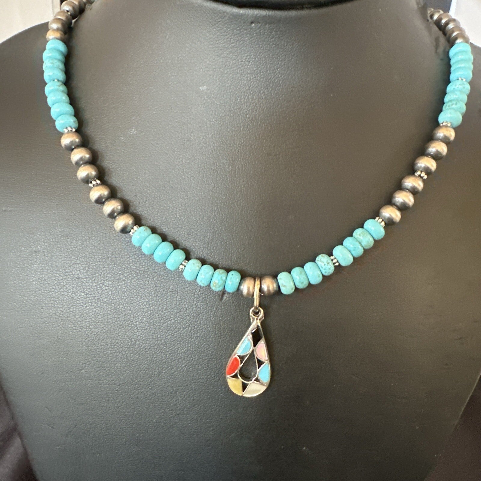 Zuni Turquoise Pink MOP Inlay Pendant 2Sided Necklace Sterling Silver 18062