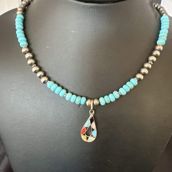 Zuni Turquoise Pink MOP Inlay Pendant 2Sided Necklace | Sterling Silver | Authentic Native American Handmade | 18062