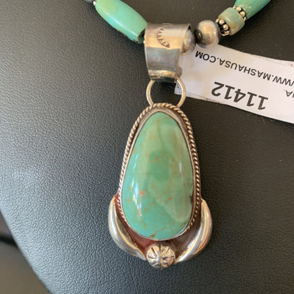 Green Turquoise Pendant Navajo Pearls Sterling Silver Necklace 11412