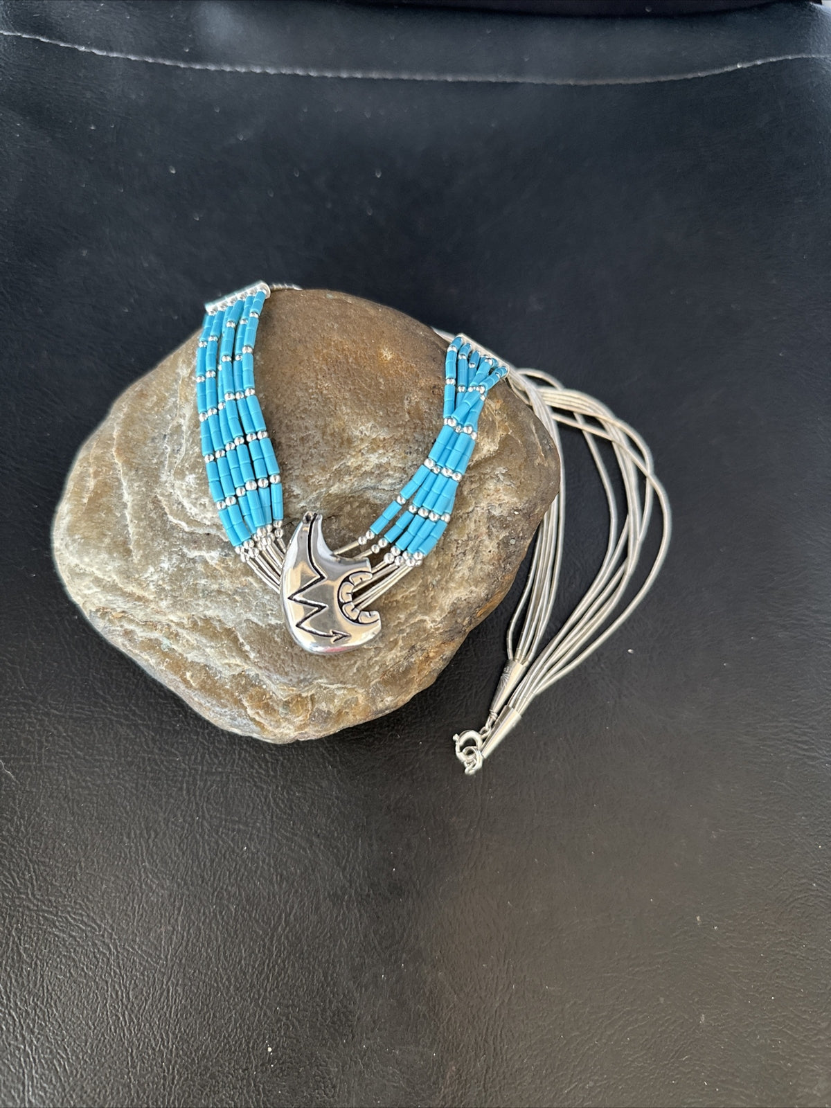 Bear Pendant Turquoise 5 Strand Heishi Liquid Sterling Silver Necklace 14822