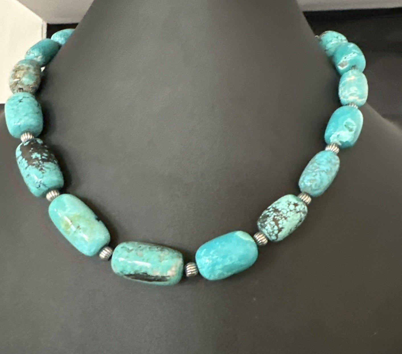 Mens Womens Blue Nugget Turquoise Navajo Sterling Silver Necklace 17.5” 19688