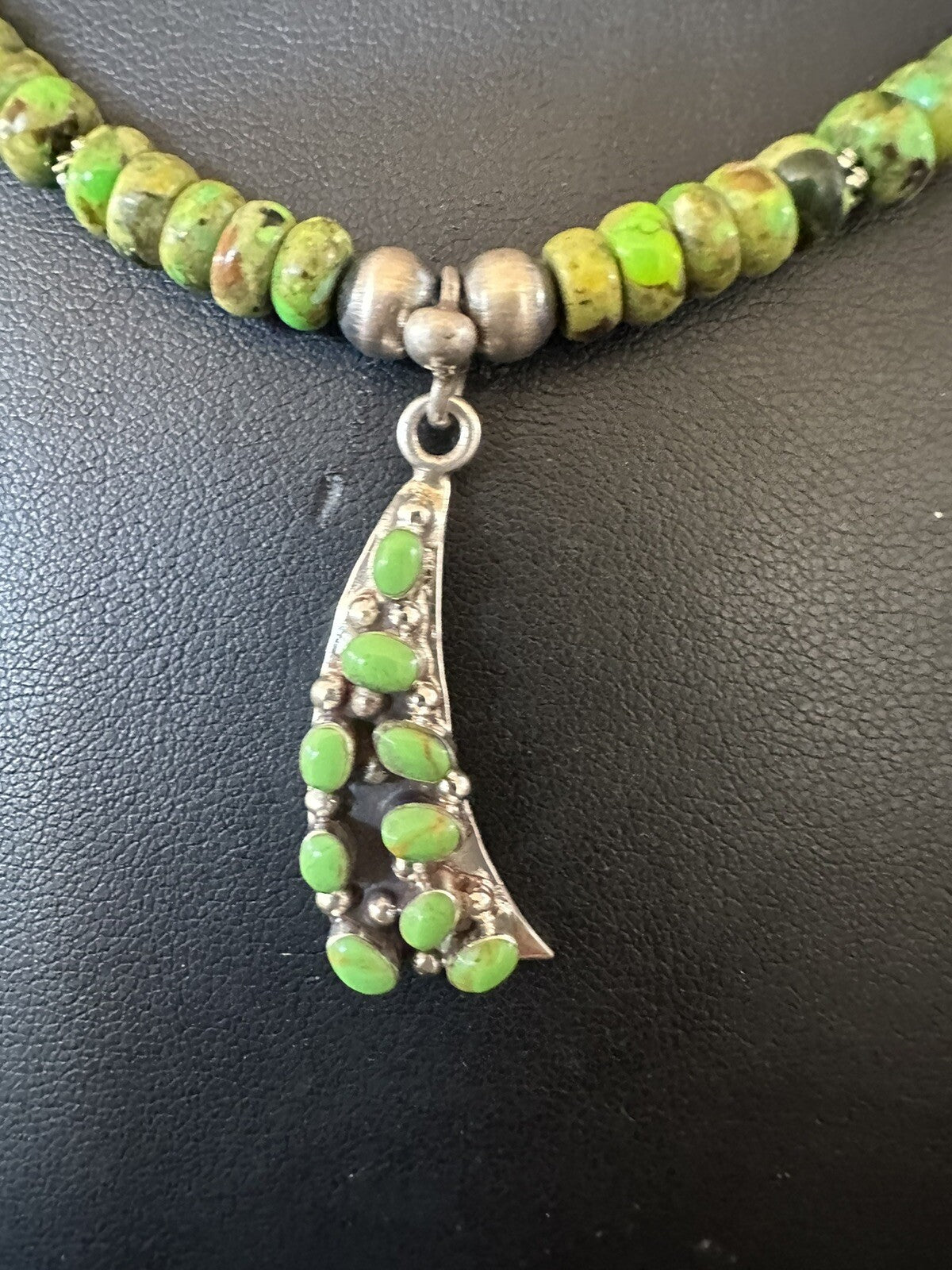 Womens Green Gaspeite Turquoise Pendant Navajo Sterling Silver Necklace 18369