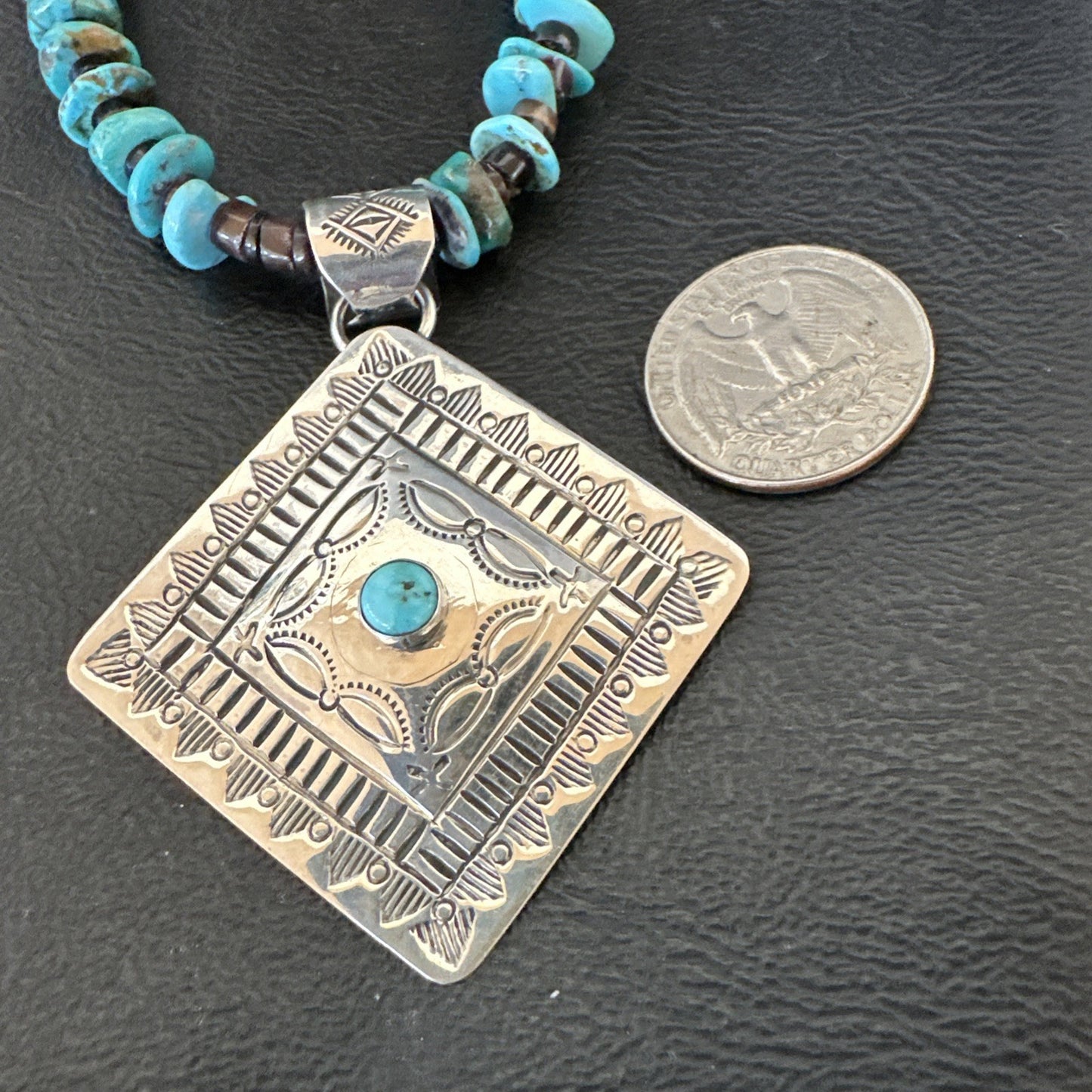Navajo Blue Turquoise Stamped Pendant Shell Sterling Silver 28” Necklace 19705