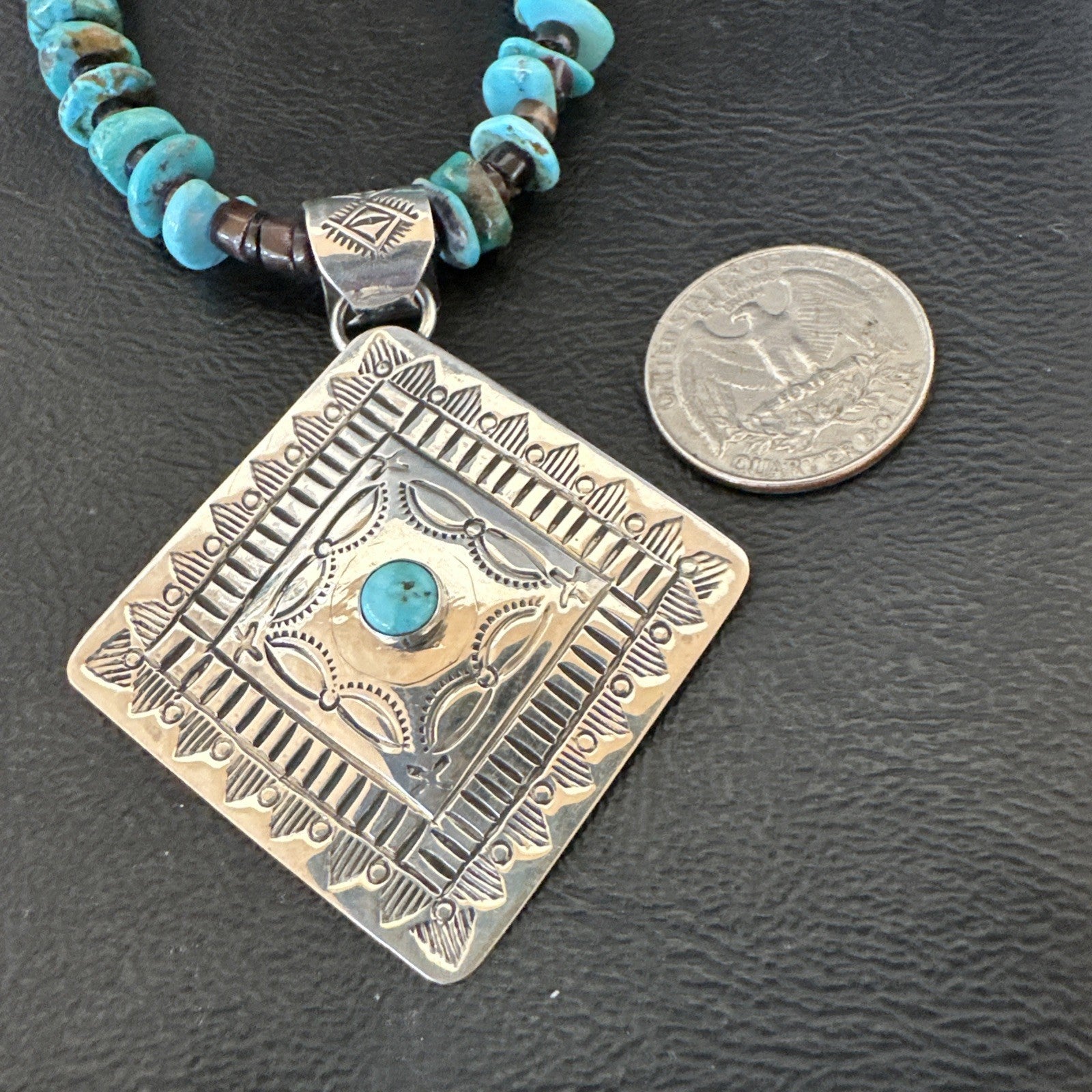 Navajo Blue Turquoise Stamped Pendant Shell Sterling Silver 28” Necklace 19705