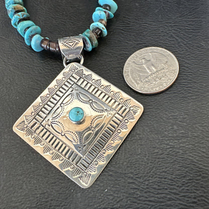 Navajo Blue Turquoise Stamped Pendant Shell Sterling Silver 28” Necklace 19705