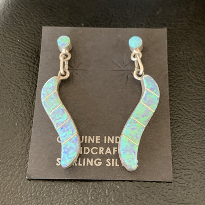 Womens Blue Opal Inlay Navajo Sterling Silver Dangle Post Earrings 12774