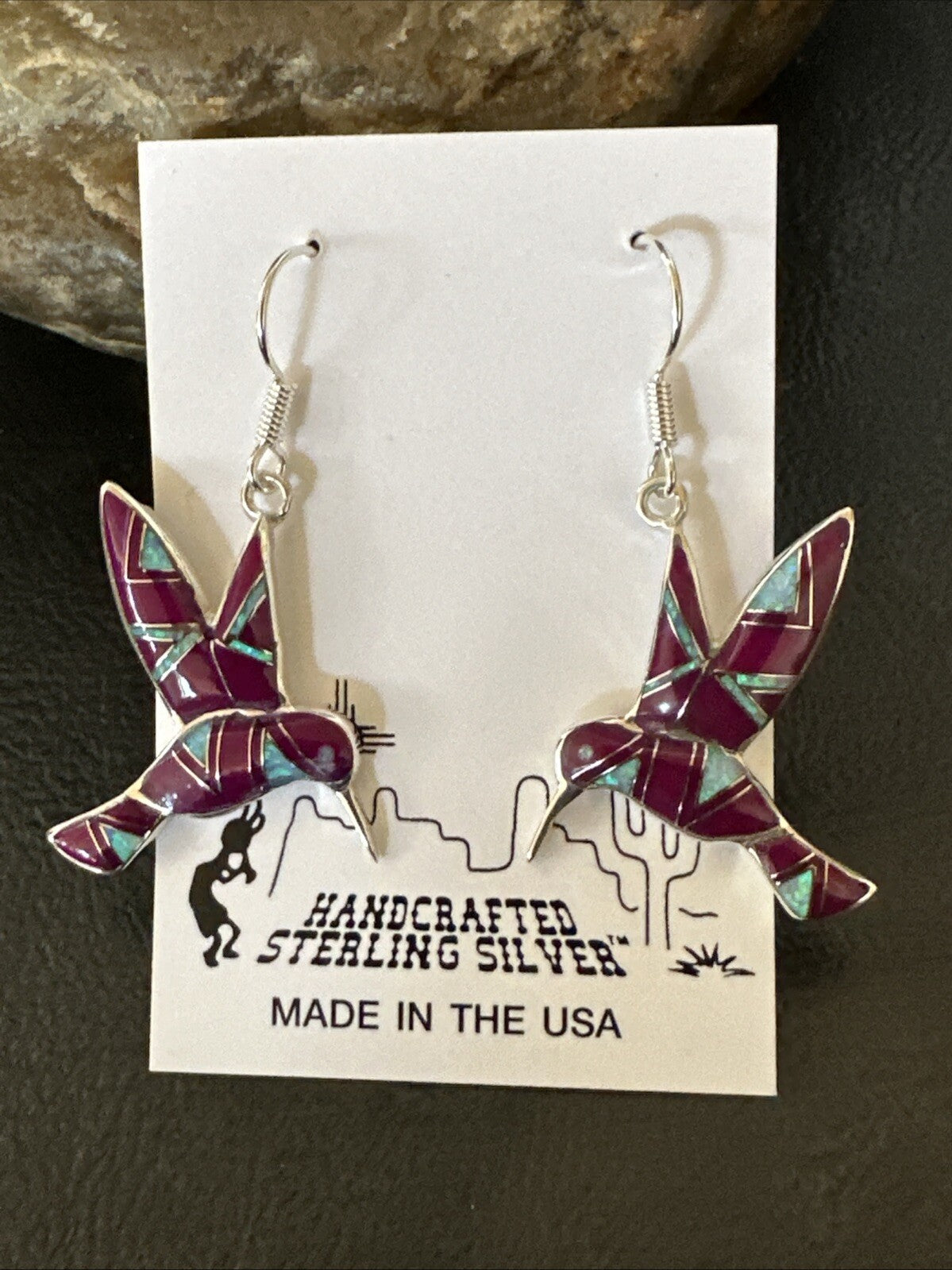 Purple Sugilite Opal Sterling Silver Hummingbird Dangle Earrings 18551