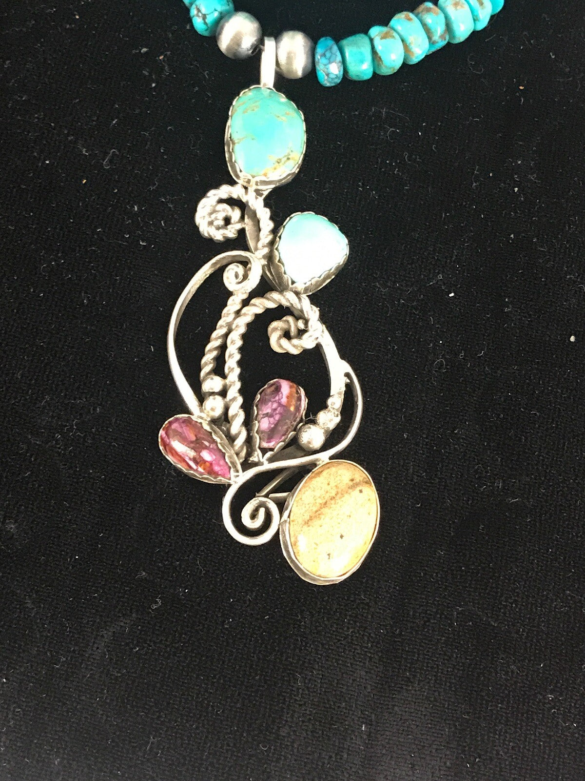 Blue Turquoise, Spiny Oyster Pendant Navajo Pearls Sterling Silver Necklace 8487