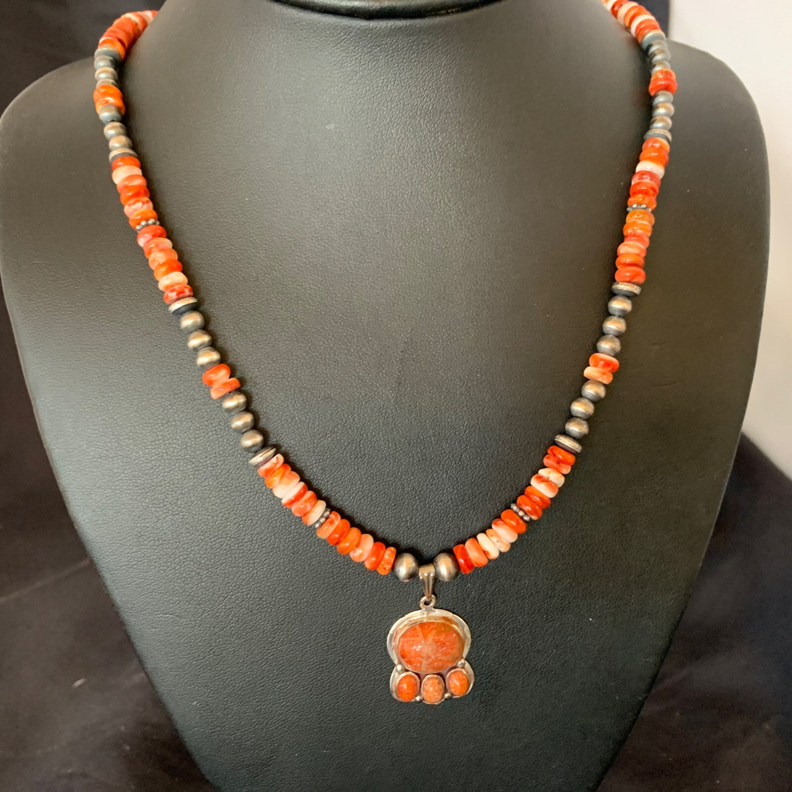 Apple Coral Pendant Spiny Oyster Navajo Pearls Sterling Silver Necklace 12389