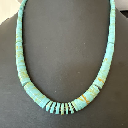 23” Turquoise Heishi Stabilized Graduated Blue Gr Sterling Silver Necklace 19726