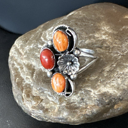 Multicolor Ring Coral Spiny Navajo Sterling Silver Cluster Sz 10.5 19196