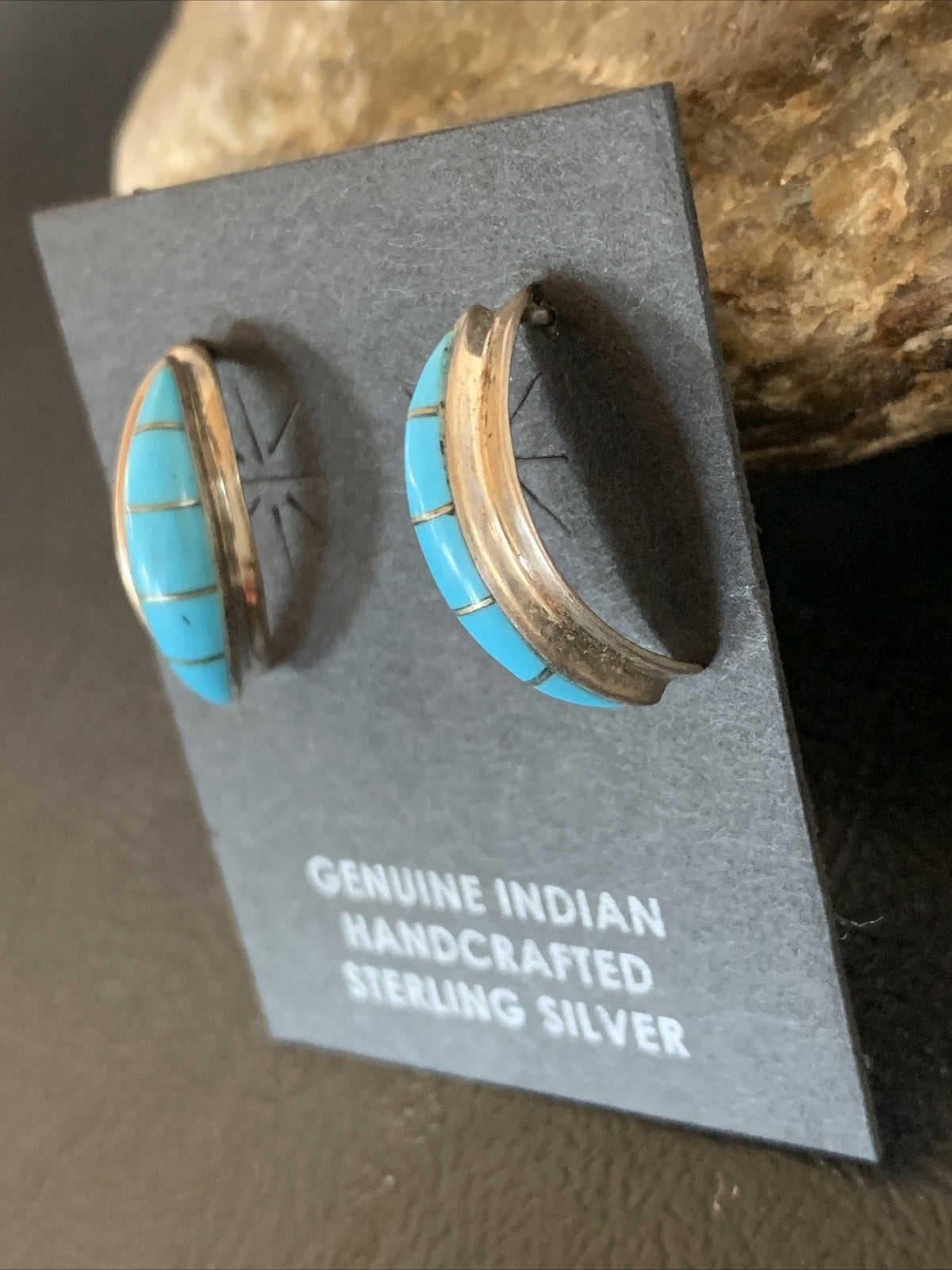 Southwestern Zuni Blue Turquoise Sterling Silver Inlay Hoop Earrings 0.75" 13023