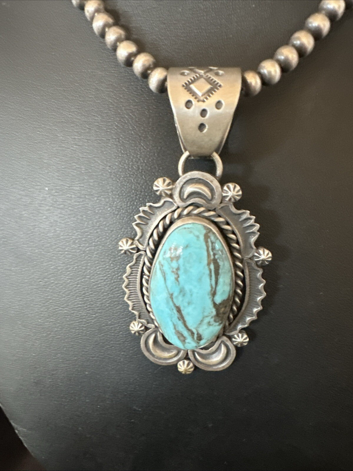 Mens Womens Blue Turquoise Pendant Sterling Silver Beads Sterling Necklace 18649