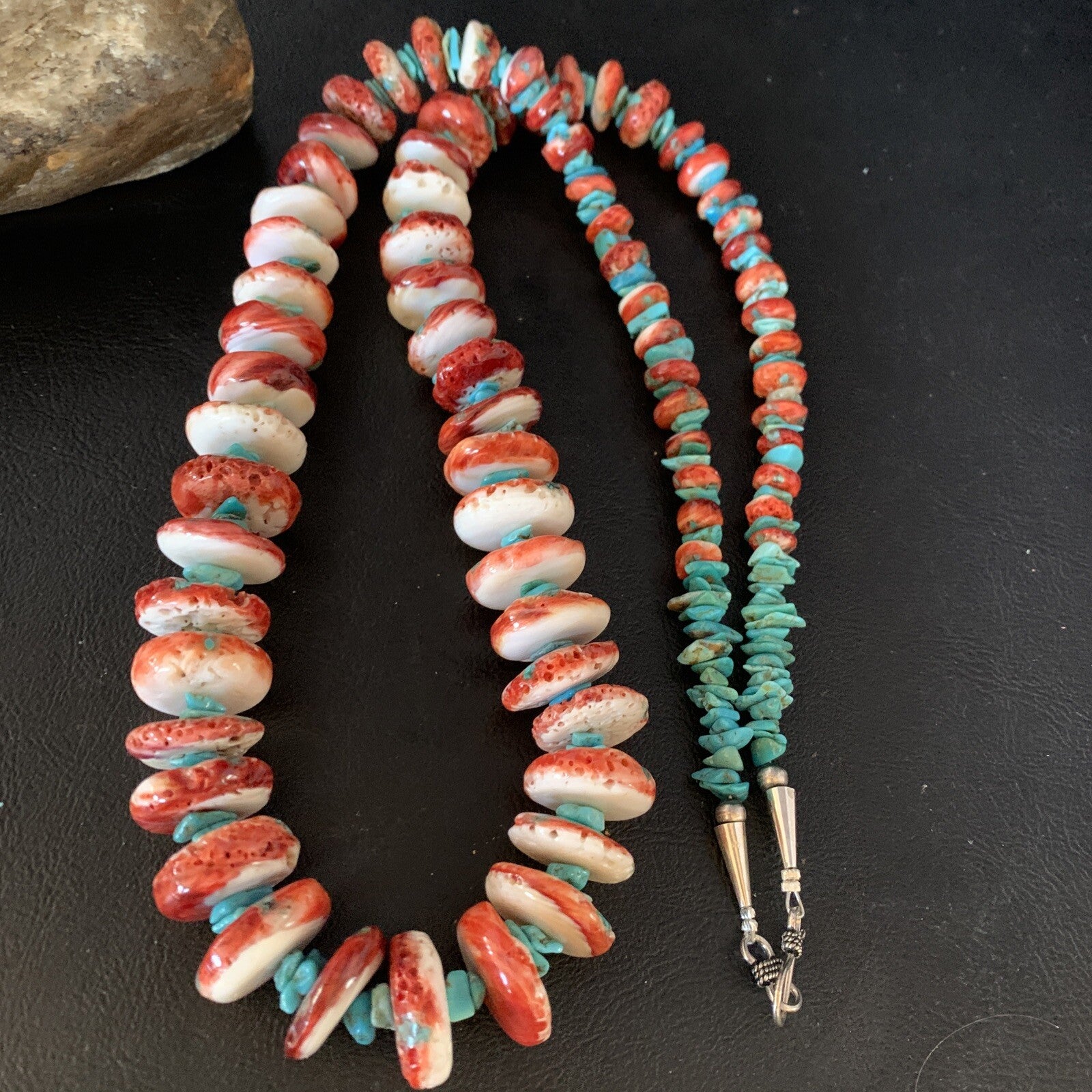 Womens Blue Turquoise & Red Spiny Oyster Navajo Sterling Silver Necklace 00114