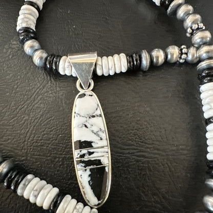 White Buffalo Turquoise Navajo Pearls Sterling Silver Onyx Necklace 17805
