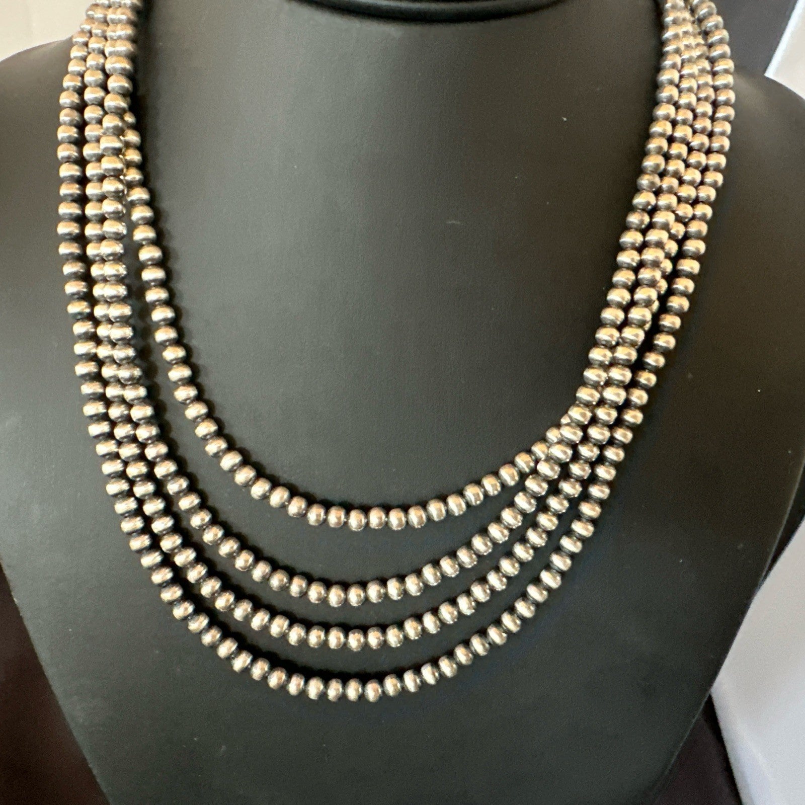 4mm Sterling Silver 4 Strand Bib 16-19”Navajo Pearls Cone Necklace 19397