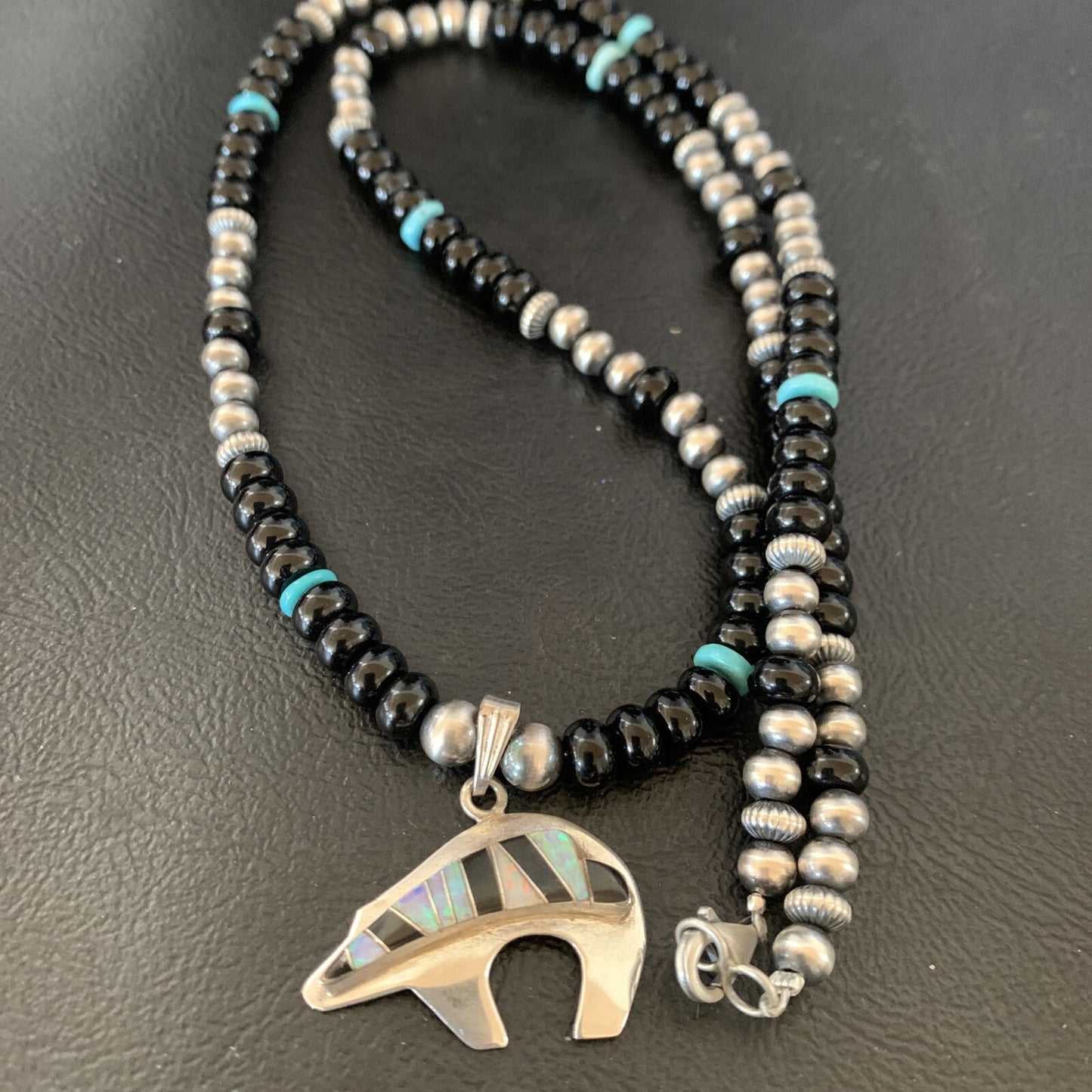 Turquoise Opal Inlay Pendant Black Onyx Navajo Sterling Silver Necklace 12688