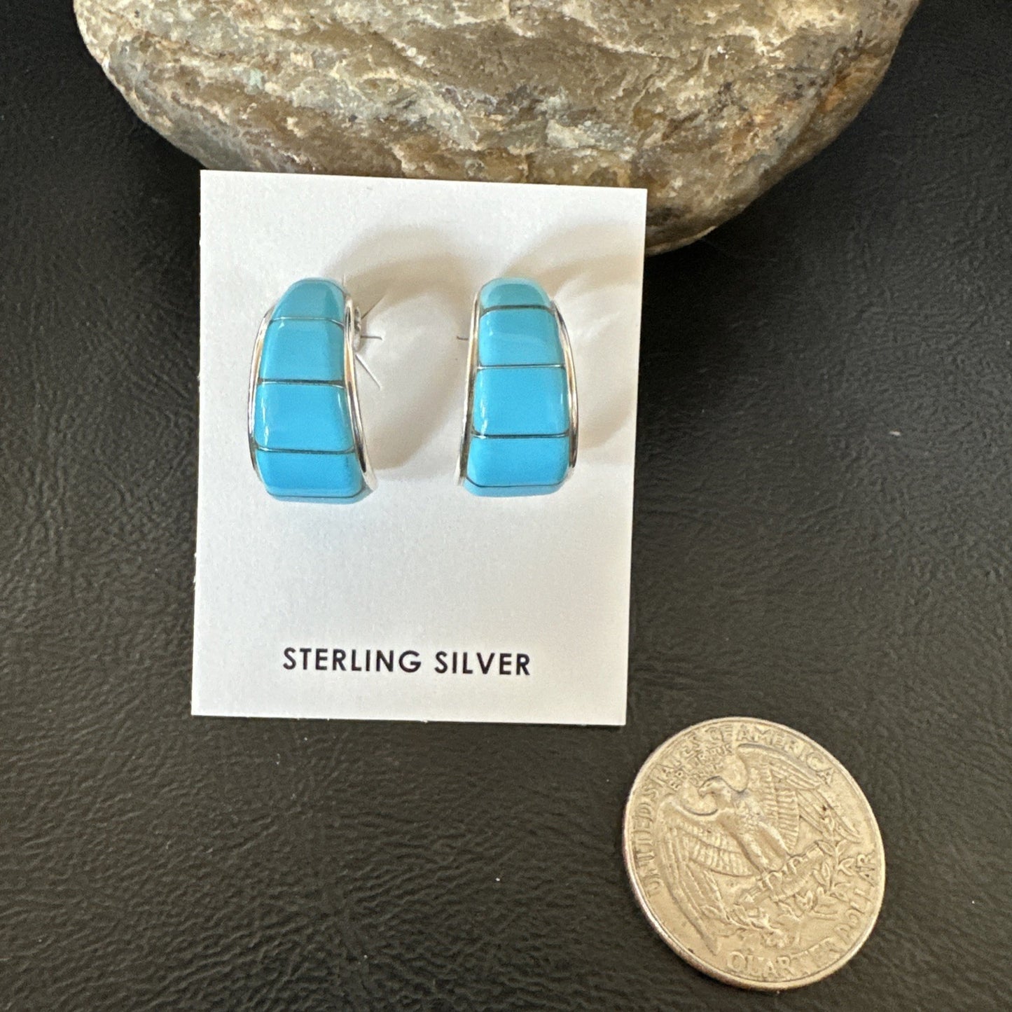 Southwestern Sterling Silver Blue Turquoise Stud Inlay Earrings 1” 19267
