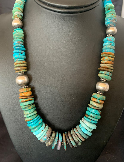 Blue Green Turquoise Navajo Sterling Silver Necklace 20" 11962