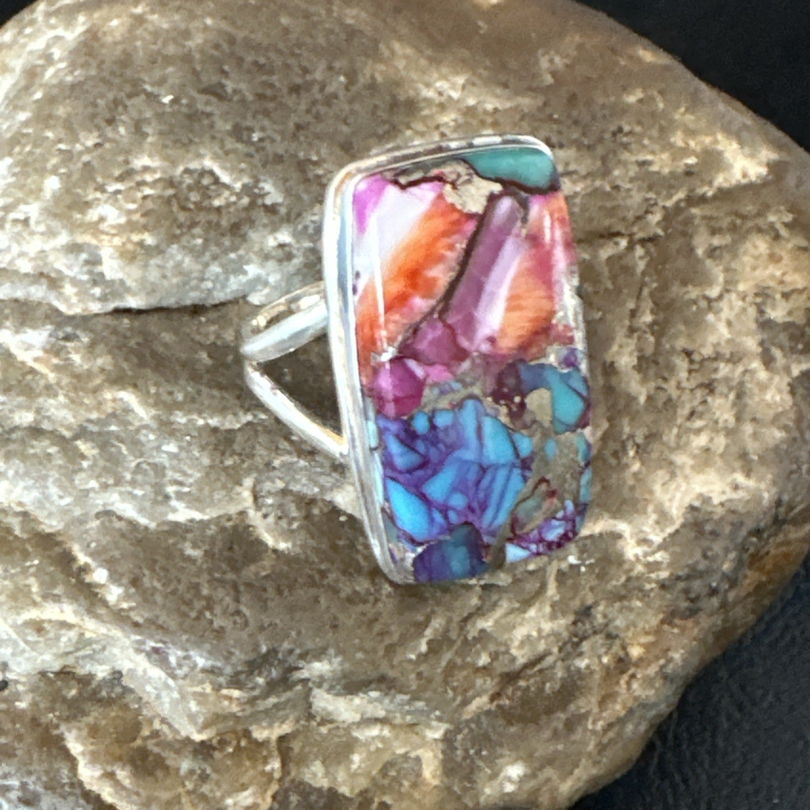 Blue Turquoise Spiny Oyster Southwestern Sterling Silver Ring Size 9 19059