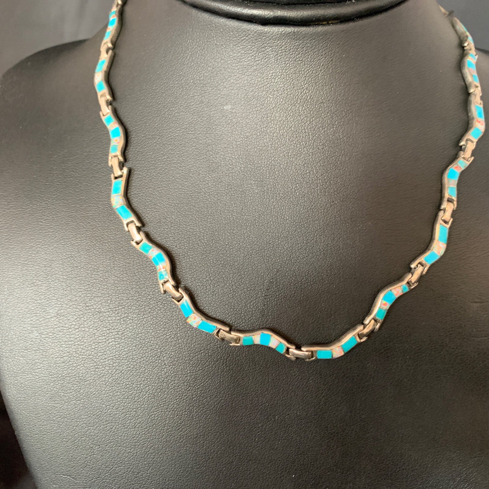 Blue Kingman Sterling Silver Necklace Turquoise Opal Inlay Pendant 16" 13590