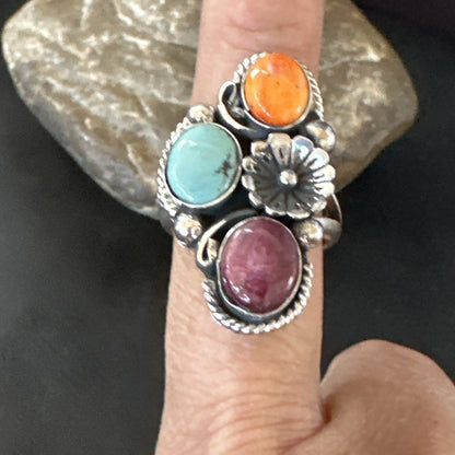 Multicolor Ring Turquoise Spiny Navajo Sterling Silver Cluster Size 8.5 19167