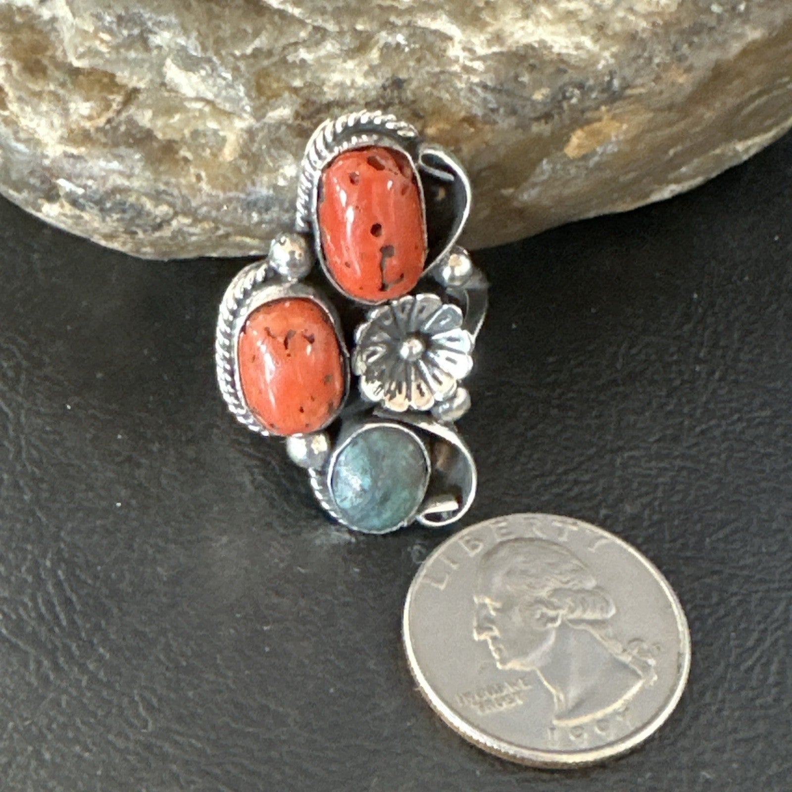 Multicolor Ring Turquoise Coral Spiny Navajo Sterling Silver Cluster 10.5 19195