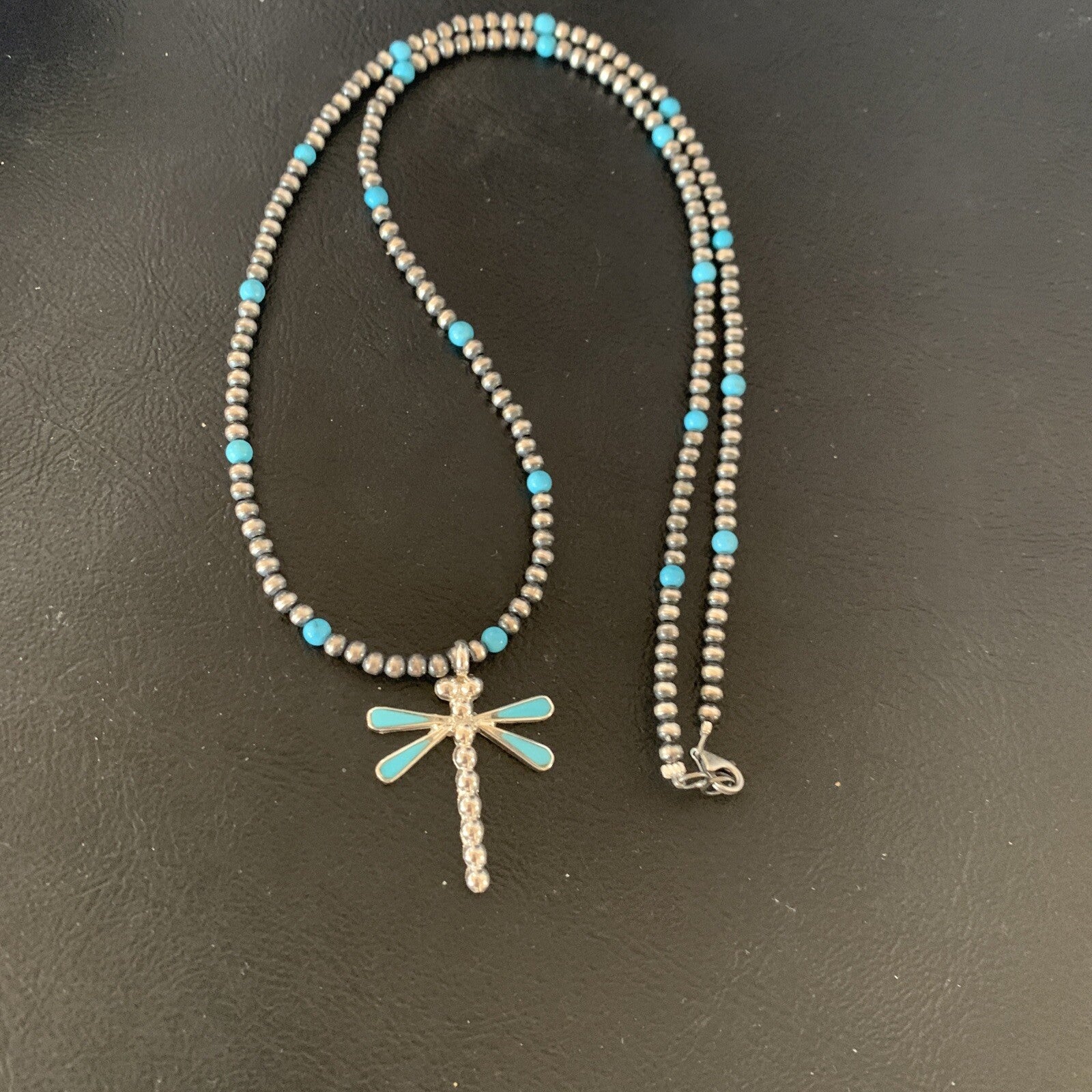 Blue Turquoise Dragonfly Pendant Zuni Sterling Silver Necklace 12058