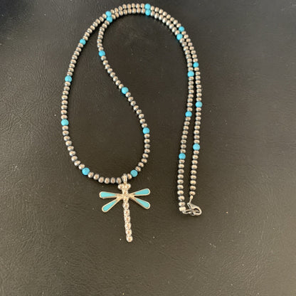 Blue Turquoise Dragonfly Pendant Zuni Sterling Silver Necklace 12058