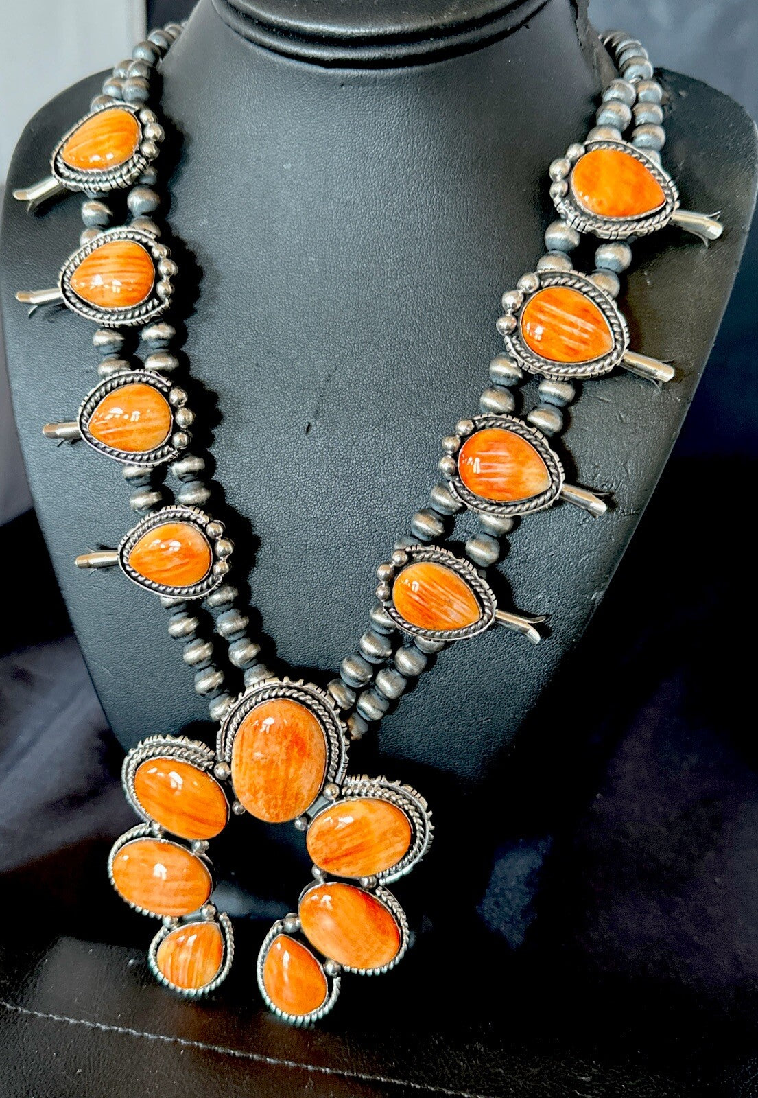 XL Orange Spiny Oyster Sterling Silver Squash Blossom Necklace 18134