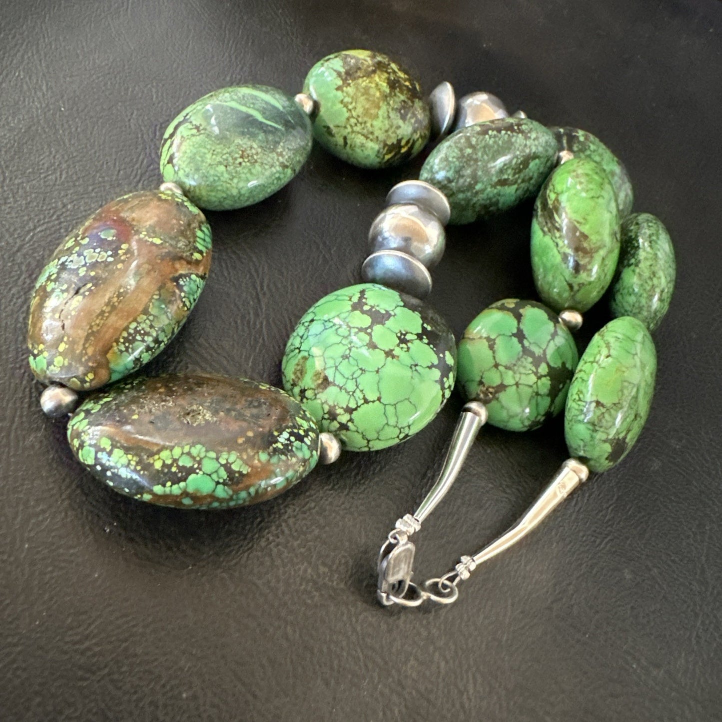 Green Turquoise Nugget Navajo Pearls Sterling Silver Necklace 19533