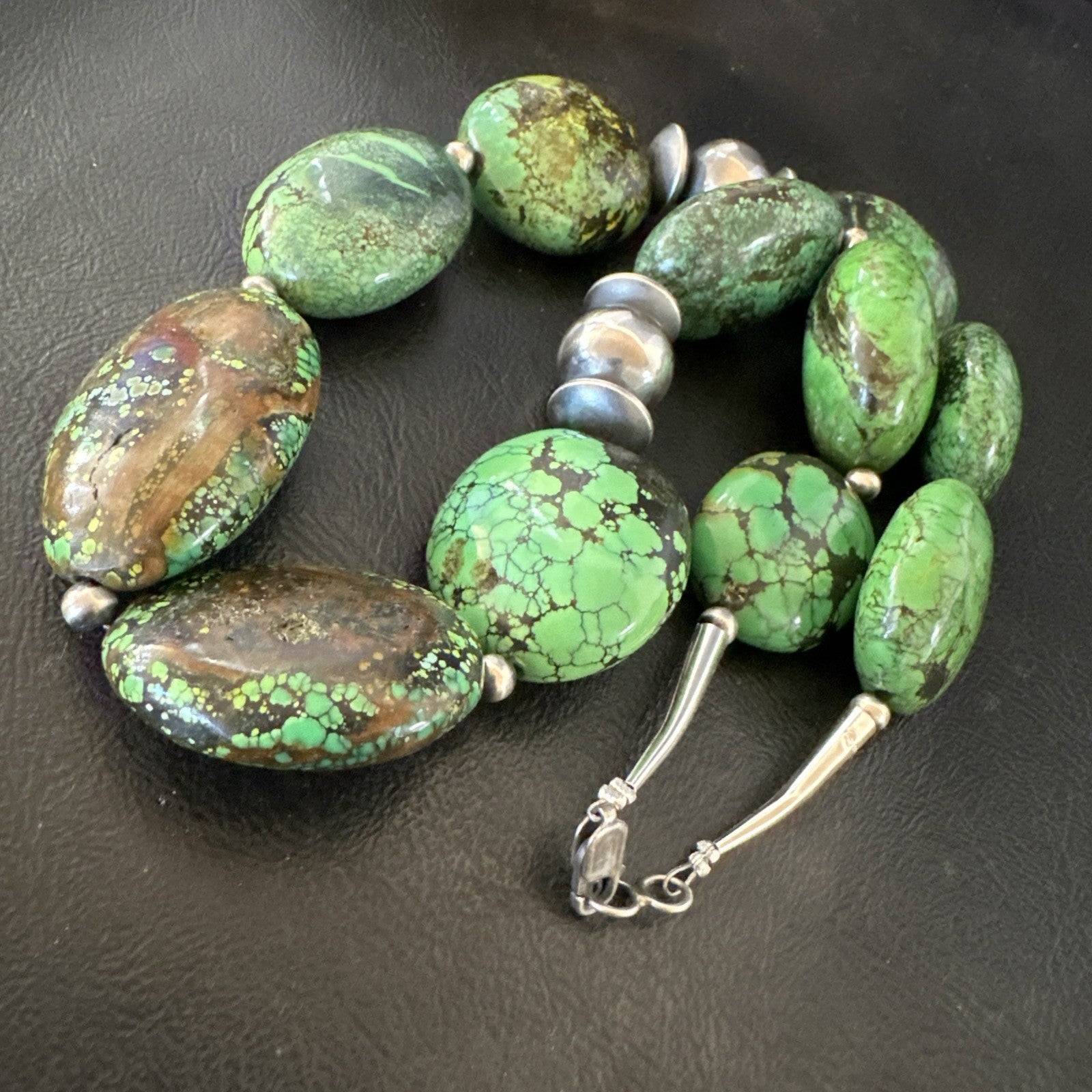 Green Turquoise Nugget Navajo Pearls Sterling Silver Necklace 19533