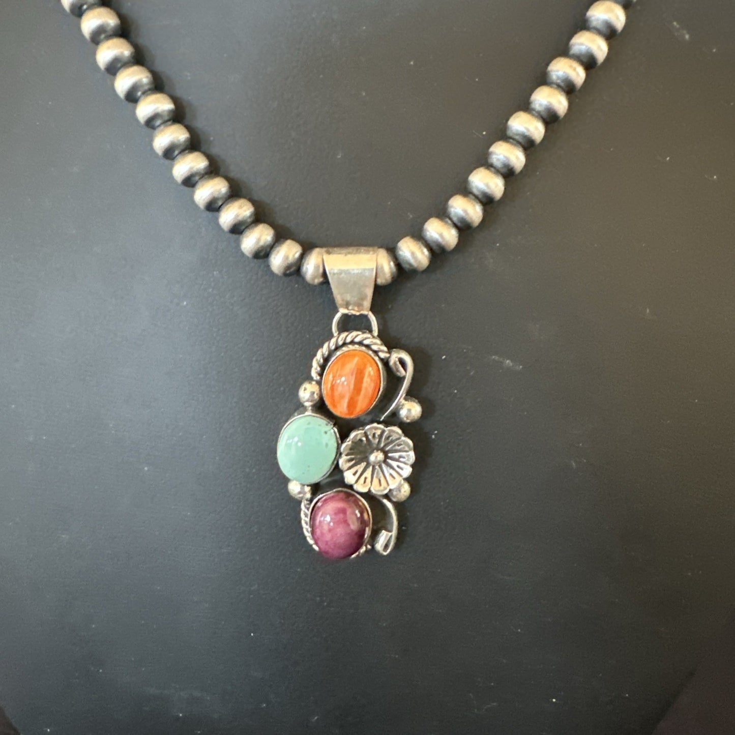 Multicolor Turquoise Spiny Navajo Sterling Silver Cluster Pendant Necklace 19311