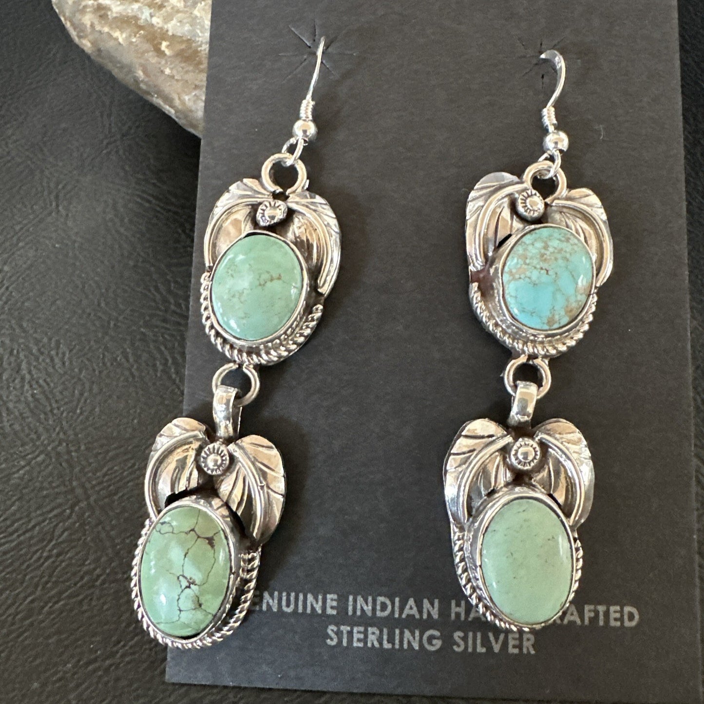 Native Navajo Blue Green Turquoise Sterling Silver Dangle Earrings 2” 17917
