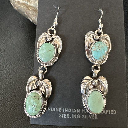 Native Navajo Blue Green Turquoise Sterling Silver Dangle Earrings 2” 17917