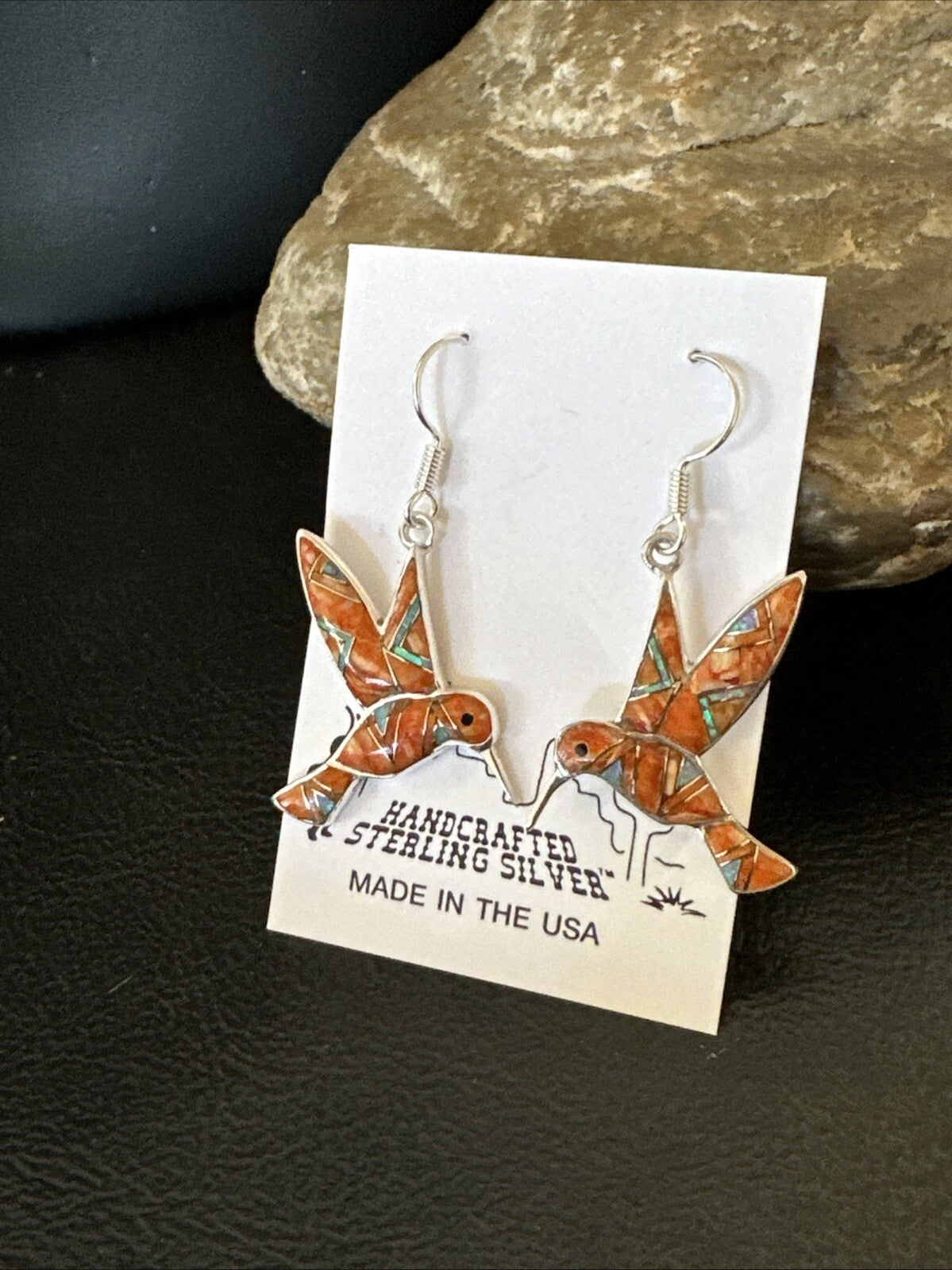 Orange Spiny Oyster Opal Sterling Silver Hummingbird Dangle Earrings 18552