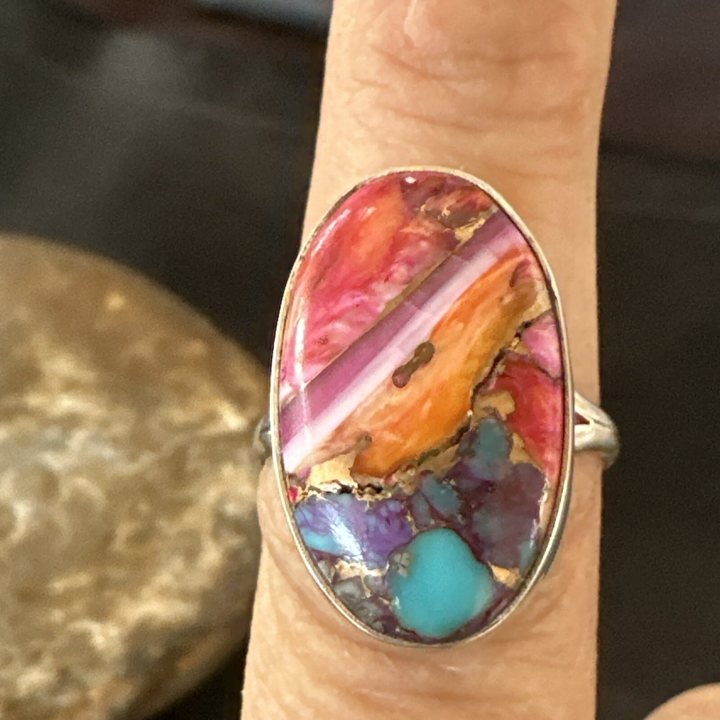 Blue Turquoise Spiny Oyster Southwestern Sterling Silver Ring Size 8 18479