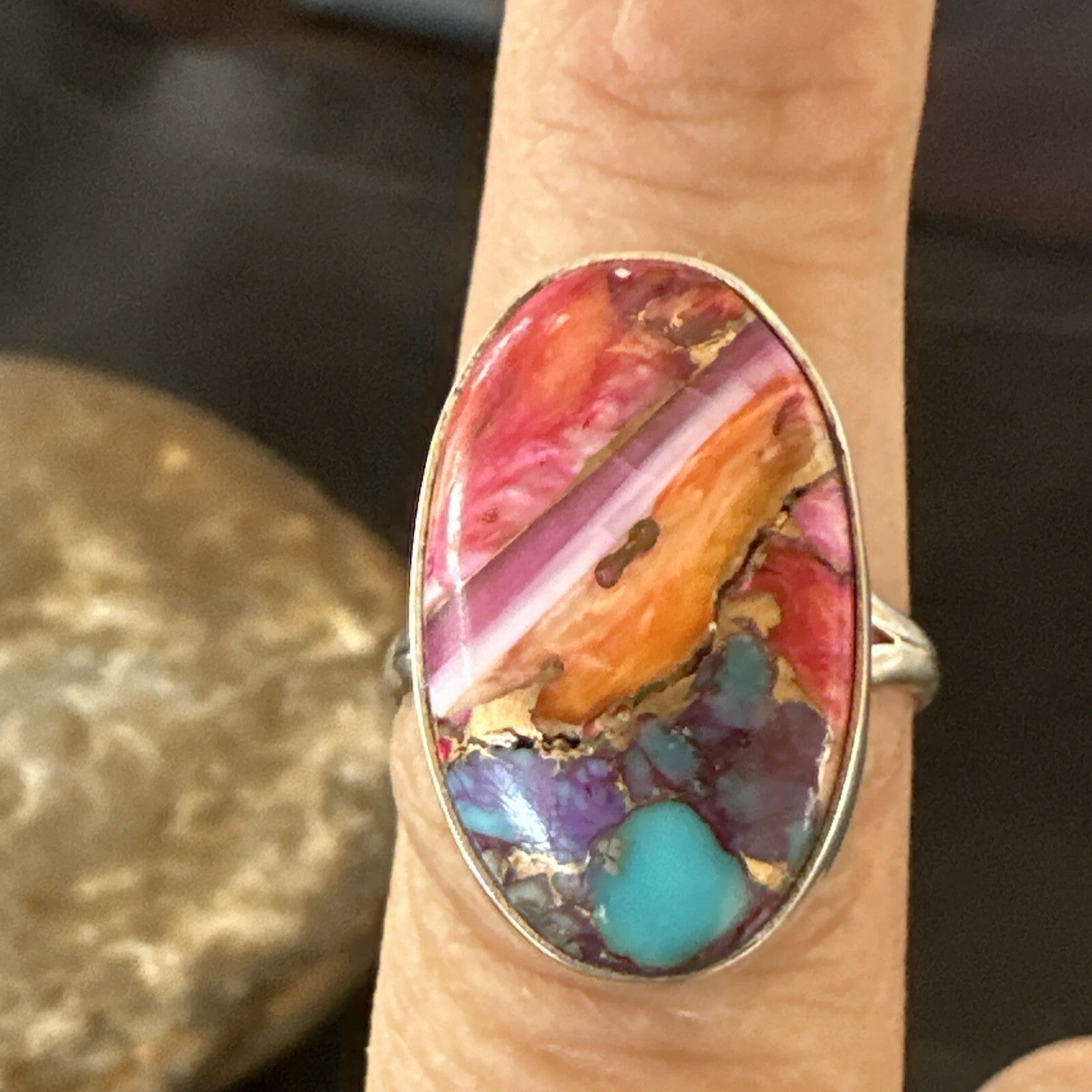 Blue Turquoise Spiny Oyster Southwestern Sterling Silver Ring Size 8 18479