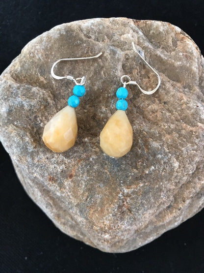 Native Turquoise & Jade Bead Navajo Dangle Earrings Sterling Silver 03817