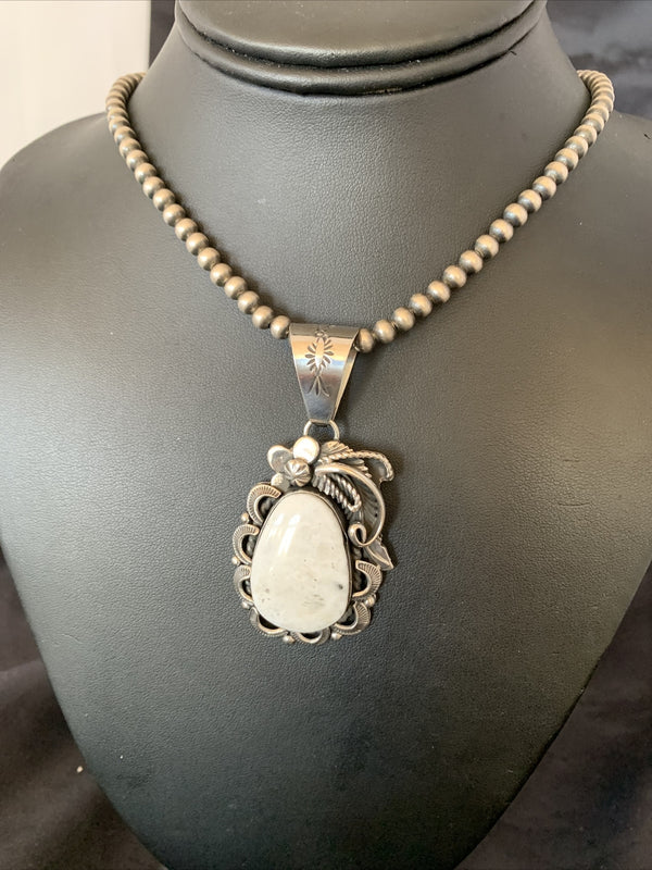 White Buffalo Turquoise Pendant Navajo Pearls Necklace | Sterling Silver | Authentic Native American Handmade | 10945