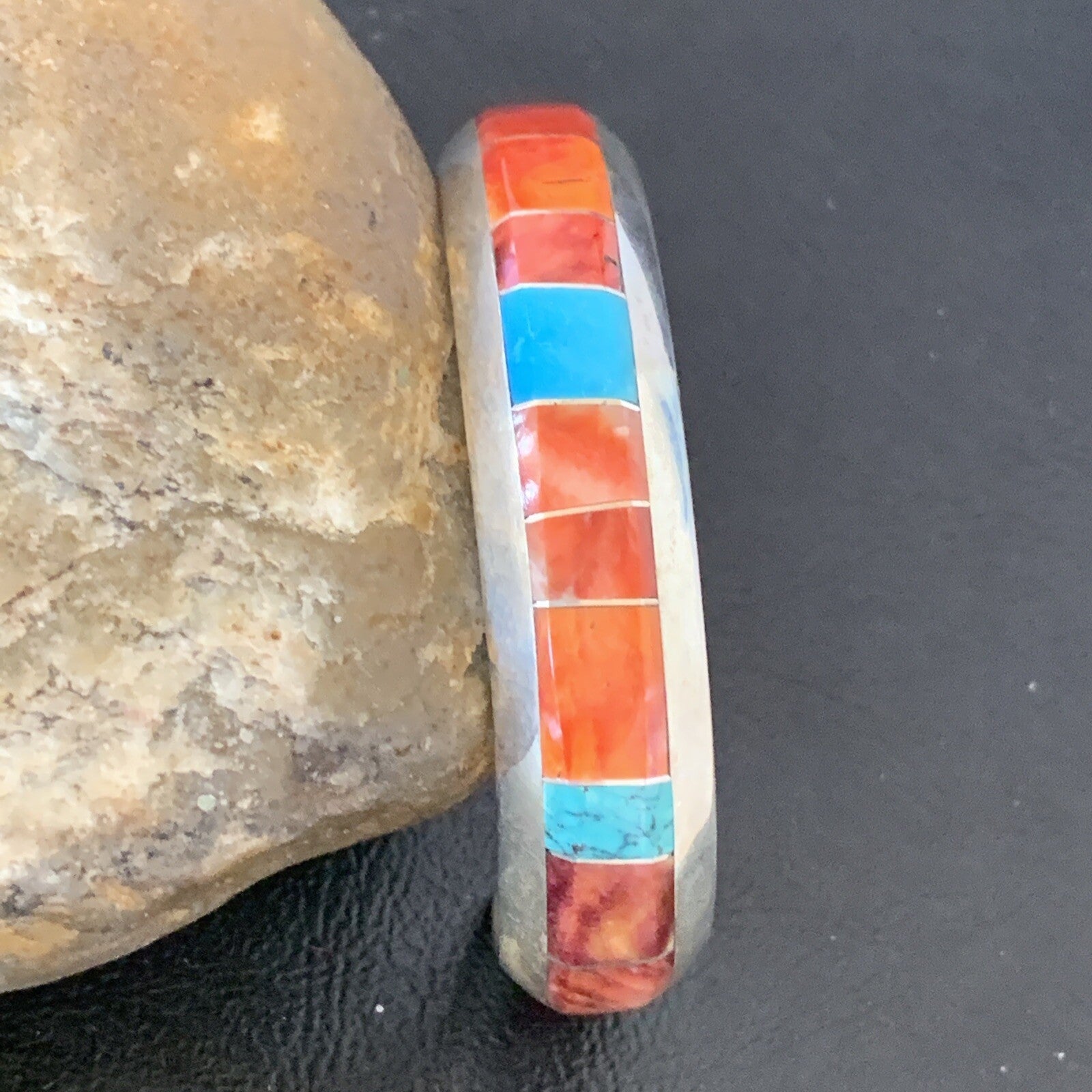 Mens Red Spiny & Turquoise Navajo Sterling Silver Inlay Bracelet 1647