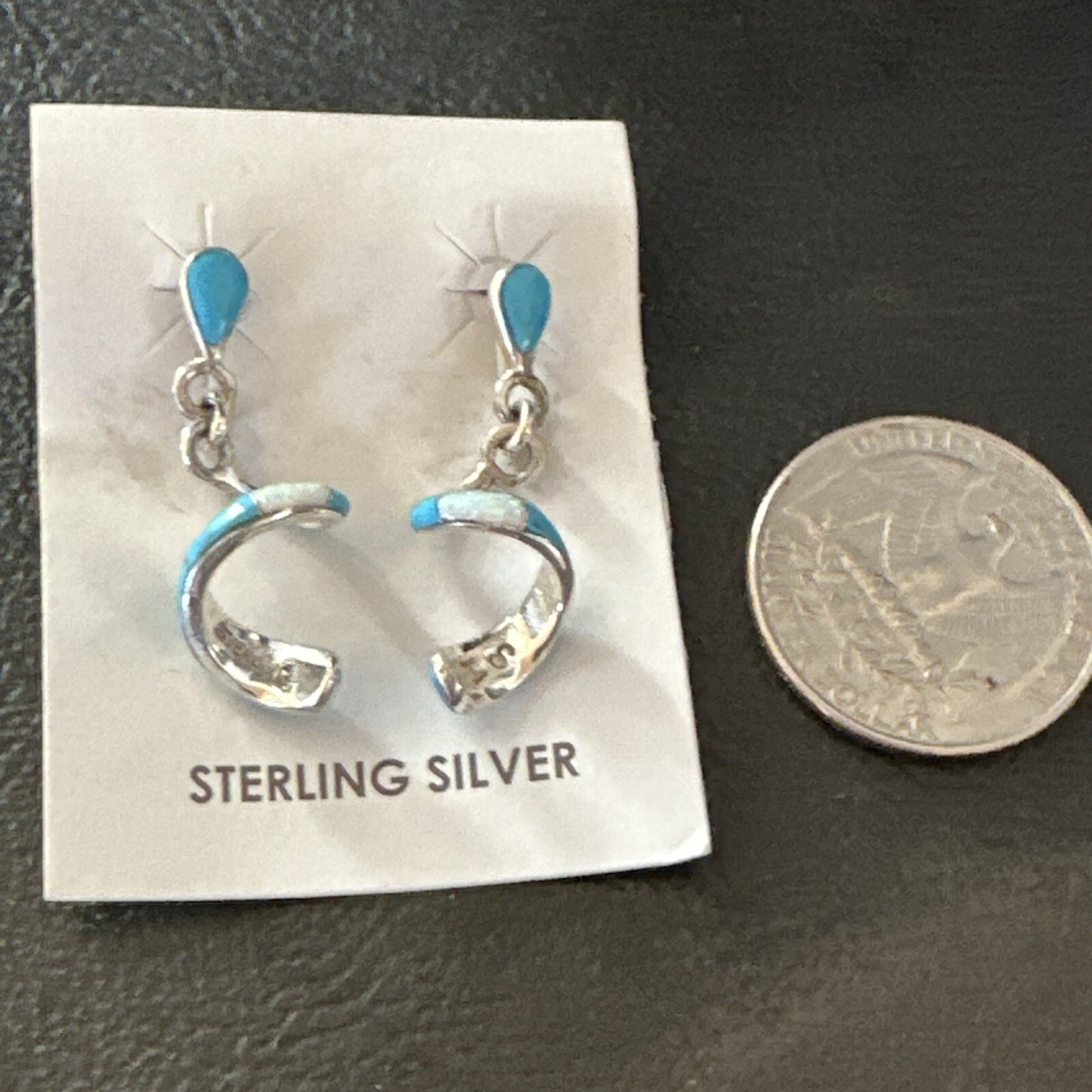 Blue Turquoise Opal Inlay Swirl Navajo Sterling Earrings 1.25" 18751