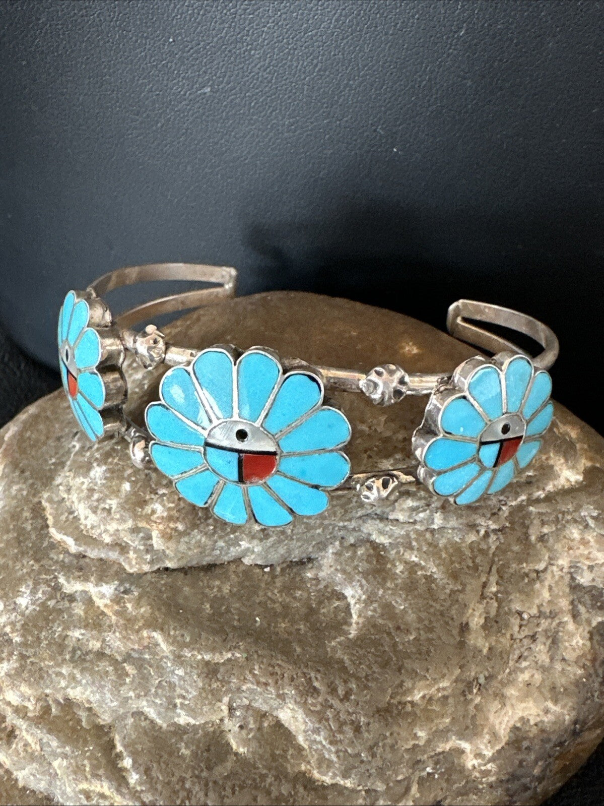 Blue Turquoise Coral MOP Zuni Sterling Silver Inlay Sunface Cuff Bracelet 18873