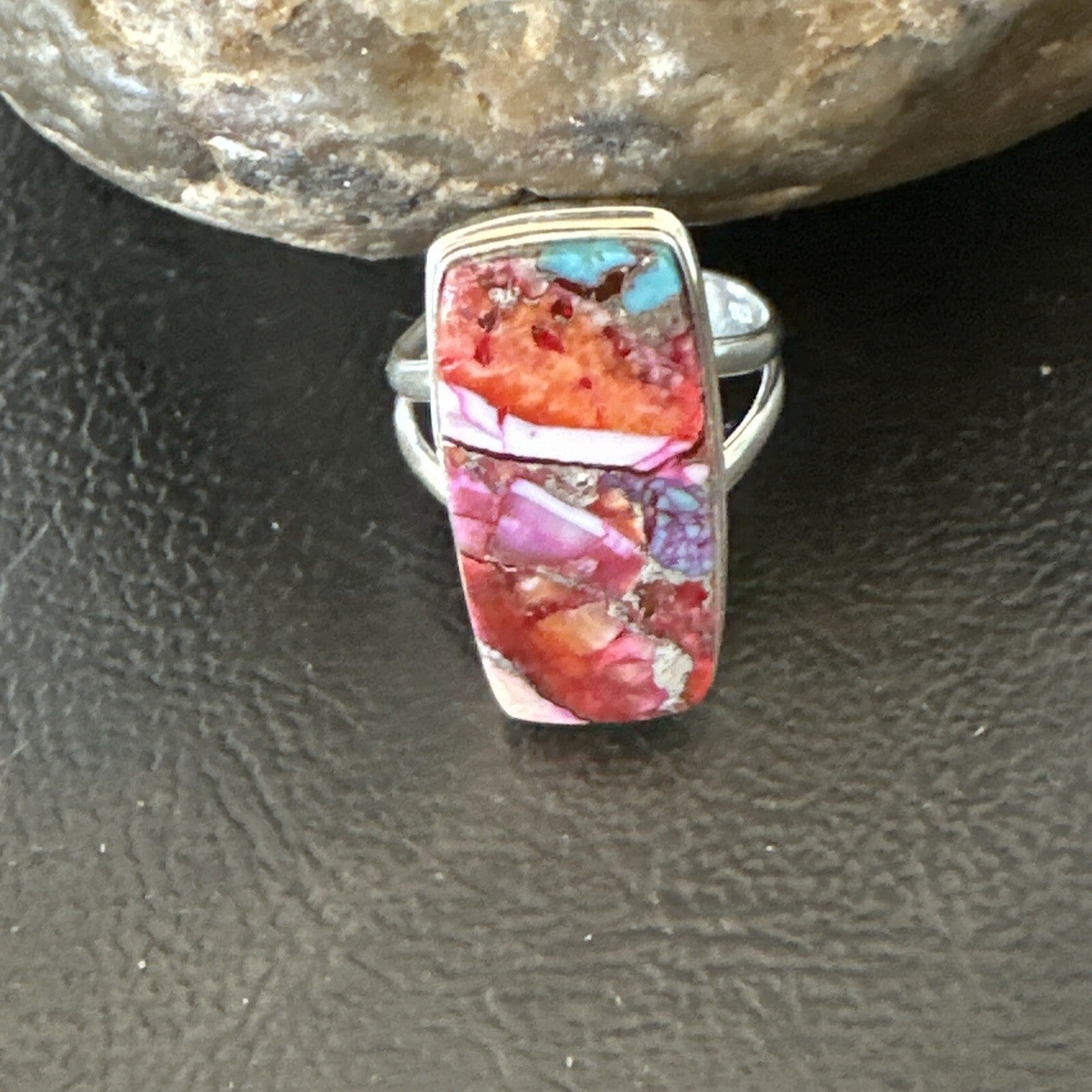 Blue Turquoise Spiny Oyster Southwestern Sterling Silver Ring Size 7 18490