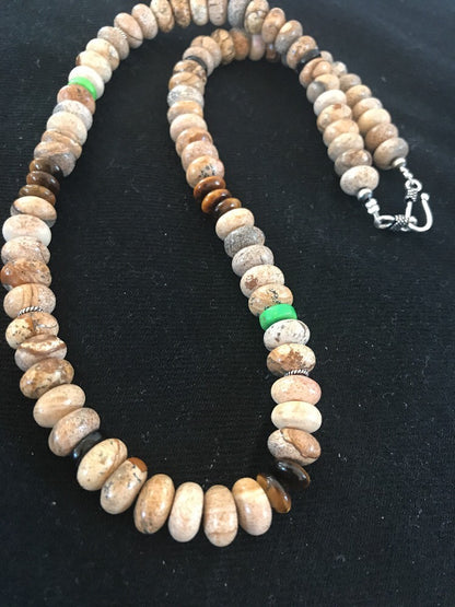 Turquoise Picture Jasper 10 mm Beads Mens Navajo Sterling Silver Necklace 03369