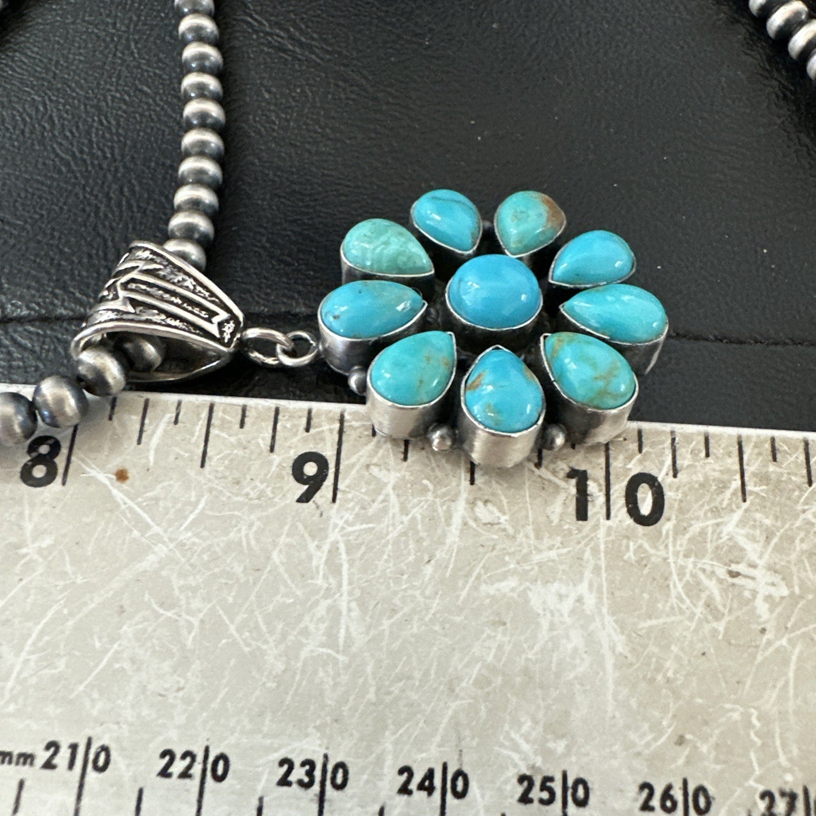 Blue Turquoise Navajo Sterling Silver Cluster Round Pendant Necklace 2”19316